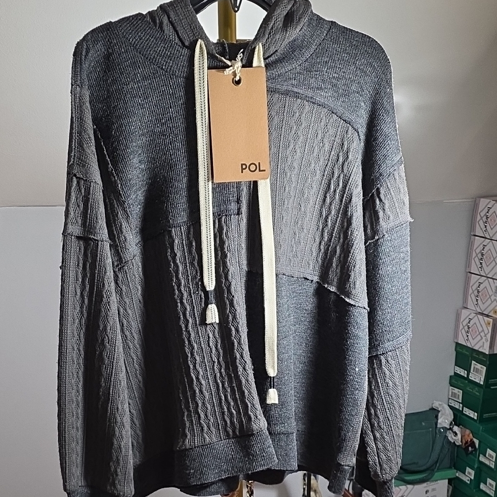 POL Charcoal Gray Crewneck Hoodie Sweater with Cream Drawcords